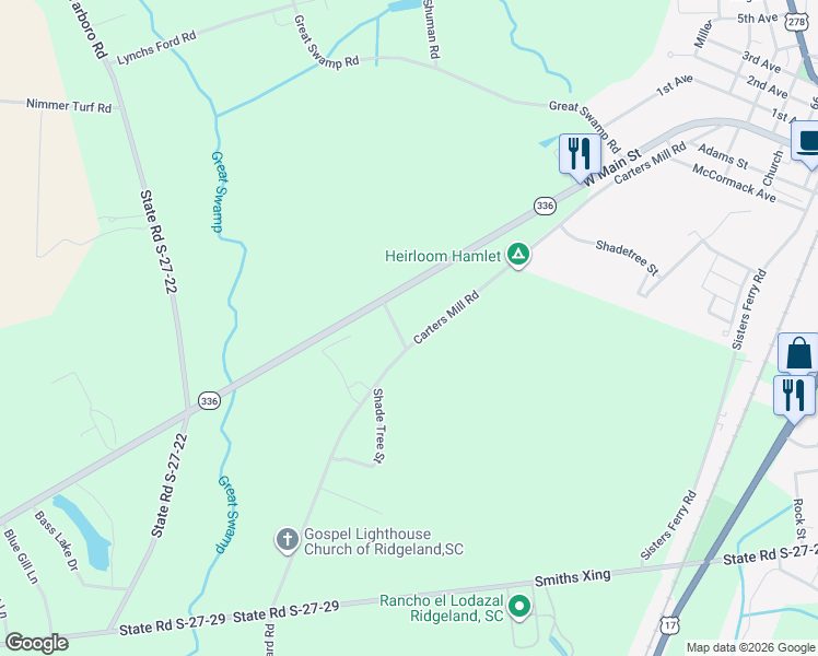map of restaurants, bars, coffee shops, grocery stores, and more near 699 Carters Mill Road in Ridgeland