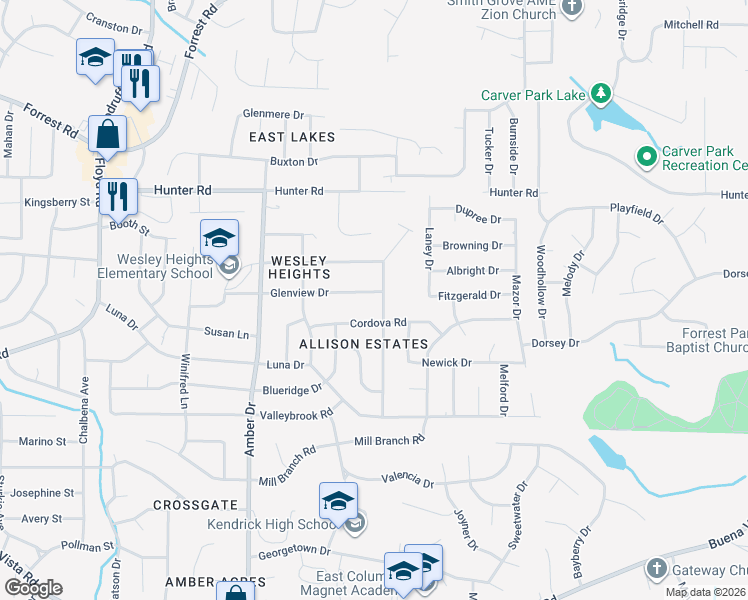 map of restaurants, bars, coffee shops, grocery stores, and more near 5570 Glenview Drive in Columbus
