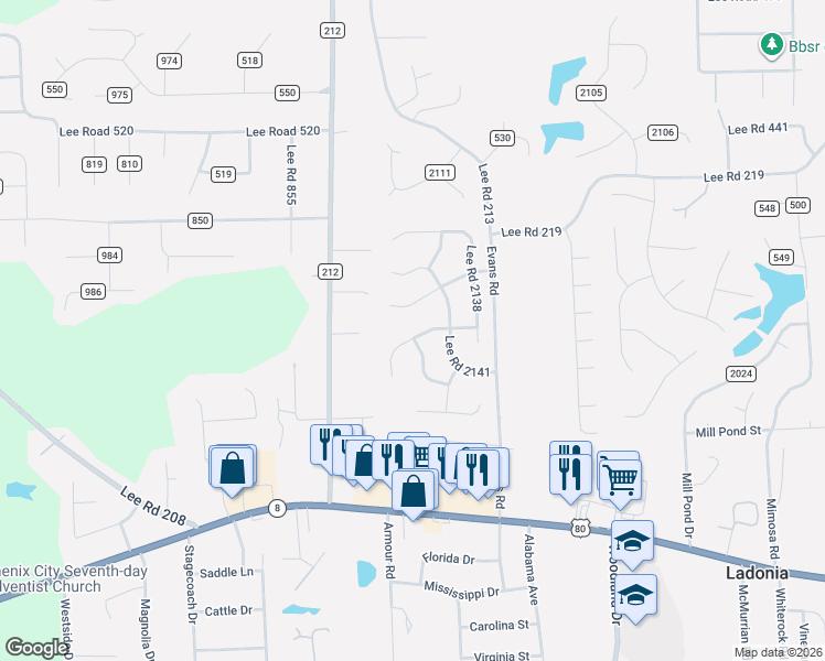 map of restaurants, bars, coffee shops, grocery stores, and more near 108 Lee Road 2140 in Phenix City