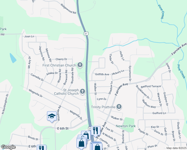 map of restaurants, bars, coffee shops, grocery stores, and more near 109 Livingston Avenue in Prattville