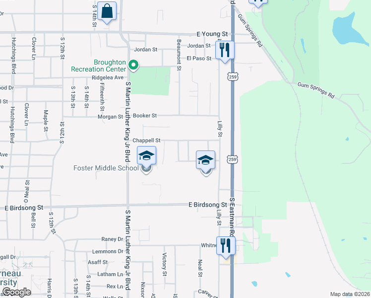 map of restaurants, bars, coffee shops, grocery stores, and more near 1302 Chappell Street in Longview