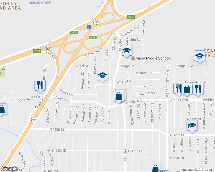 map of restaurants, bars, coffee shops, grocery stores, and more near 2334 Minter Ln in Abilene