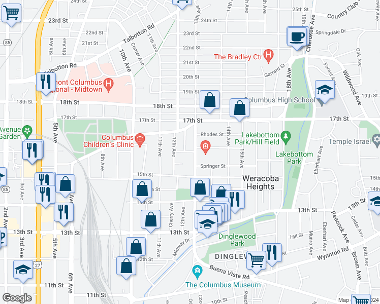 map of restaurants, bars, coffee shops, grocery stores, and more near 1604 Dudley Avenue in Columbus