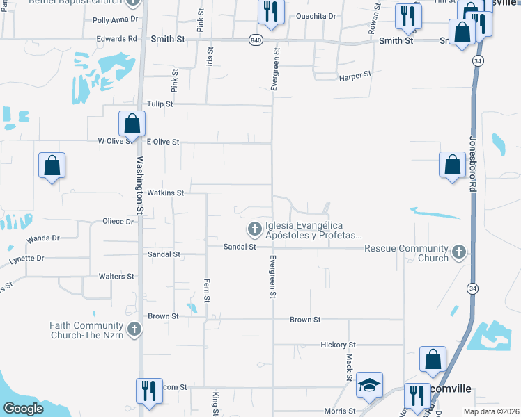 map of restaurants, bars, coffee shops, grocery stores, and more near 900 Evergreen Street in West Monroe