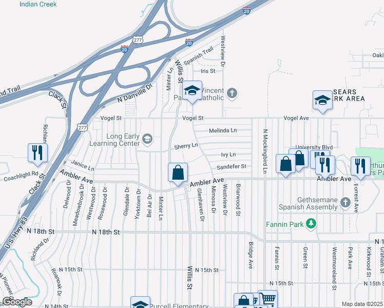 map of restaurants, bars, coffee shops, grocery stores, and more near 3309 Sherry Lane in Abilene