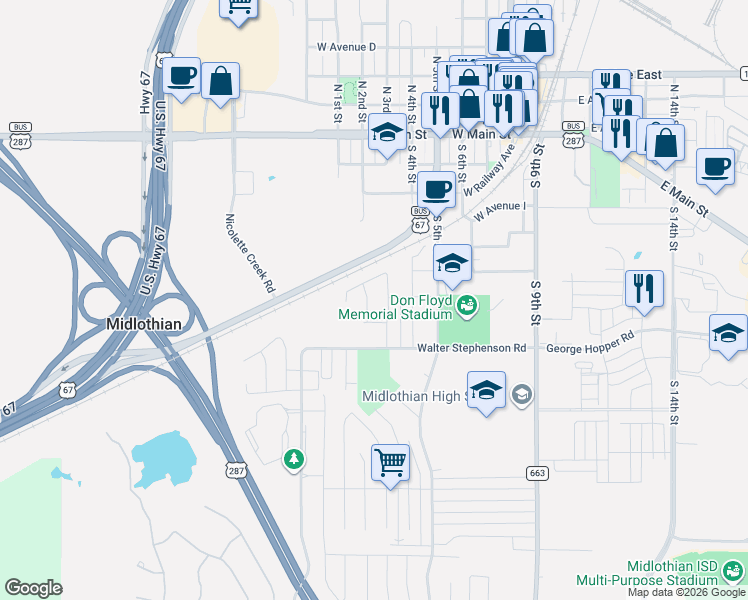 map of restaurants, bars, coffee shops, grocery stores, and more near 600 South 2nd Street in Midlothian