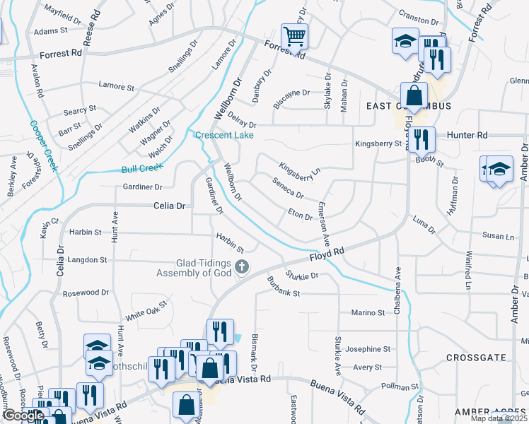 map of restaurants, bars, coffee shops, grocery stores, and more near 4767 Wellborn Drive in Columbus