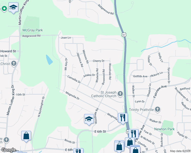 map of restaurants, bars, coffee shops, grocery stores, and more near 301 Azalea Drive in Prattville