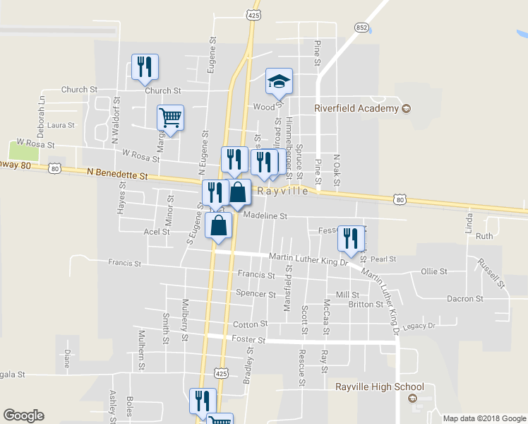 map of restaurants, bars, coffee shops, grocery stores, and more near Louisiana Street in Rayville