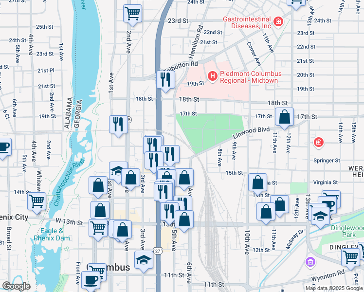 map of restaurants, bars, coffee shops, grocery stores, and more near 599 16th Street in Columbus