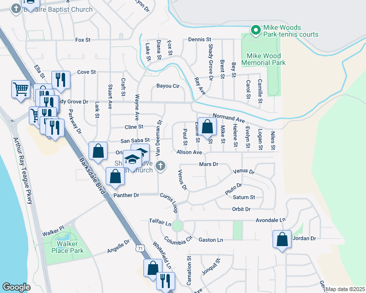 map of restaurants, bars, coffee shops, grocery stores, and more near 4217 Paul Street in Bossier City