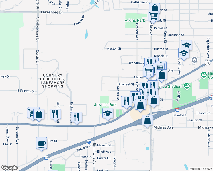 map of restaurants, bars, coffee shops, grocery stores, and more near 3933 Oakcrest Street in Shreveport