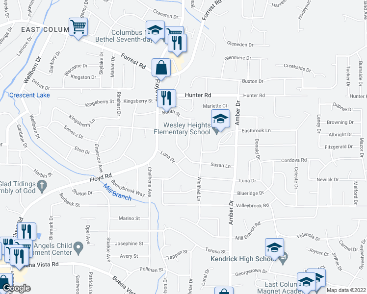map of restaurants, bars, coffee shops, grocery stores, and more near 1623 Huffman Drive in Columbus