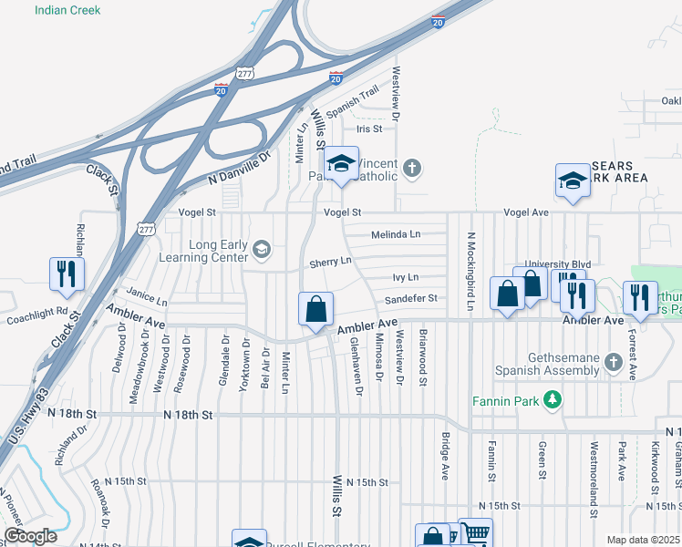map of restaurants, bars, coffee shops, grocery stores, and more near 3309 Sherry Lane in Abilene