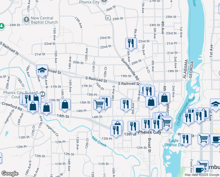 map of restaurants, bars, coffee shops, grocery stores, and more near 1006 16th Street in Phenix City