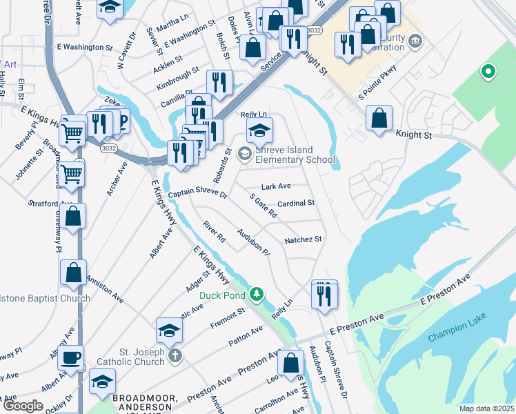 map of restaurants, bars, coffee shops, grocery stores, and more near 873 South Gate Road in Shreveport