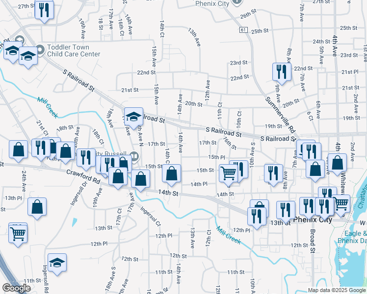 map of restaurants, bars, coffee shops, grocery stores, and more near 1317 17th Street in Phenix City