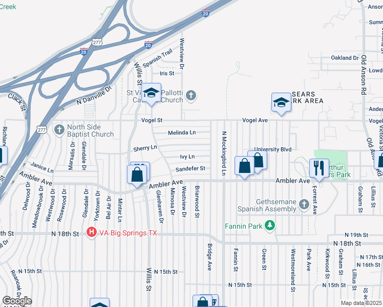map of restaurants, bars, coffee shops, grocery stores, and more near 3184 Ivy Lane in Abilene