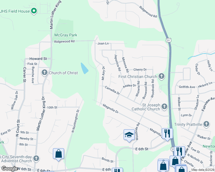 map of restaurants, bars, coffee shops, grocery stores, and more near 501 Daniel Drive in Prattville