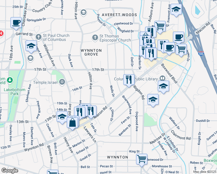 map of restaurants, bars, coffee shops, grocery stores, and more near 1566 South Dixon Drive in Columbus