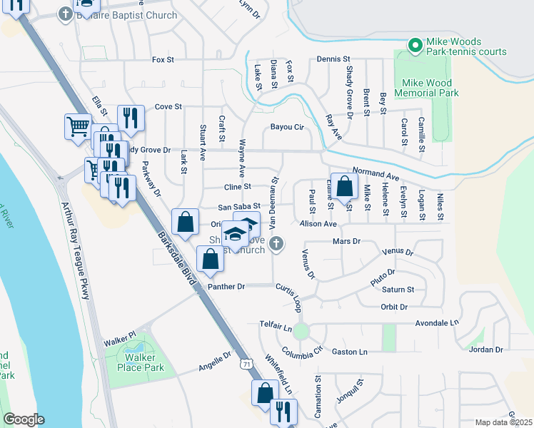 map of restaurants, bars, coffee shops, grocery stores, and more near 4210 Van Deeman Street in Bossier City