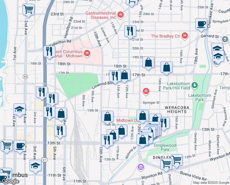 map of restaurants, bars, coffee shops, grocery stores, and more near 1607 11th Avenue in Columbus