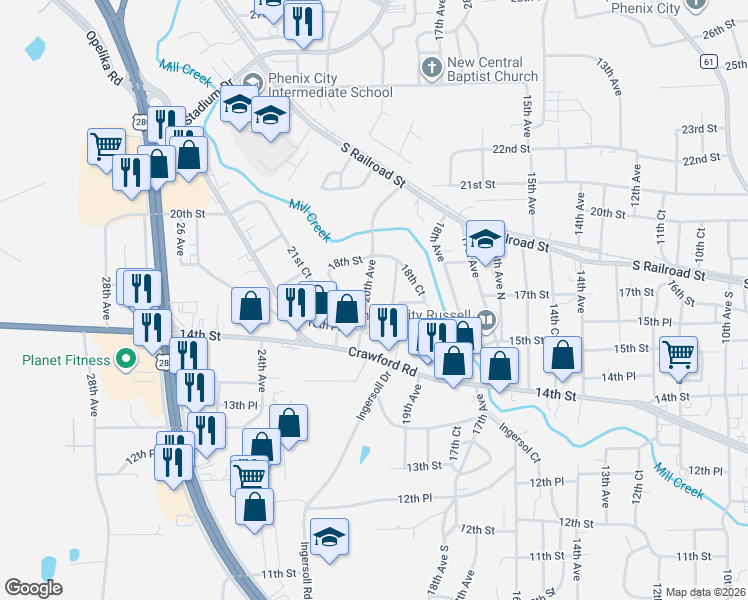 map of restaurants, bars, coffee shops, grocery stores, and more near 1702 20th Avenue in Phenix City