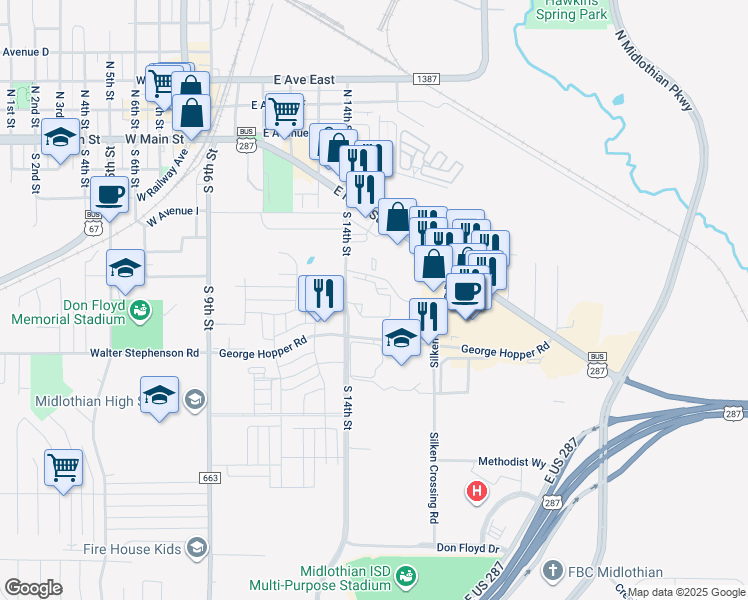 map of restaurants, bars, coffee shops, grocery stores, and more near 614 South 14th Street in Midlothian