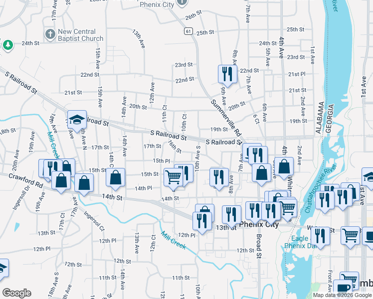 map of restaurants, bars, coffee shops, grocery stores, and more near 1006 16th Street in Phenix City