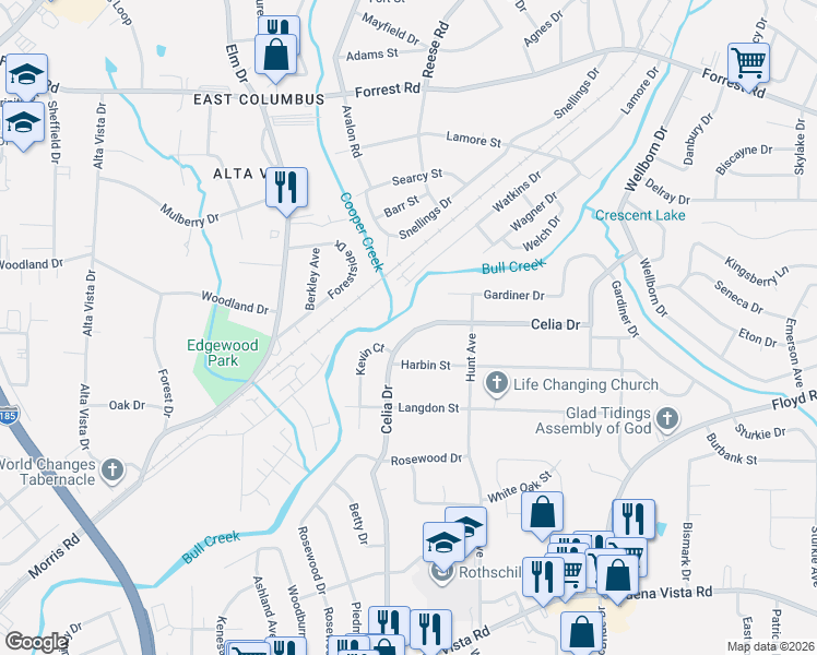map of restaurants, bars, coffee shops, grocery stores, and more near 1531 Celia Drive in Columbus