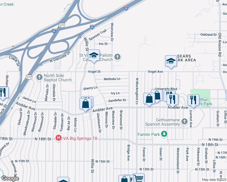 map of restaurants, bars, coffee shops, grocery stores, and more near 3184 Ivy Lane in Abilene