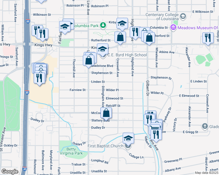 map of restaurants, bars, coffee shops, grocery stores, and more near 626 Wilder Place in Shreveport