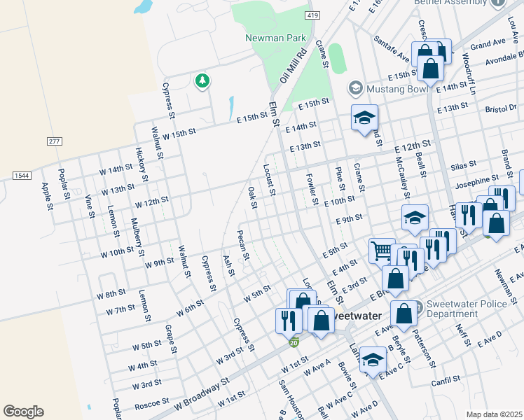 map of restaurants, bars, coffee shops, grocery stores, and more near 1004 Oak Street in Sweetwater