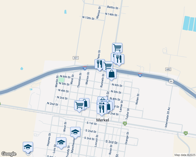 map of restaurants, bars, coffee shops, grocery stores, and more near in Merkel