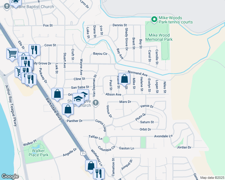 map of restaurants, bars, coffee shops, grocery stores, and more near 4217 Paul Street in Bossier City