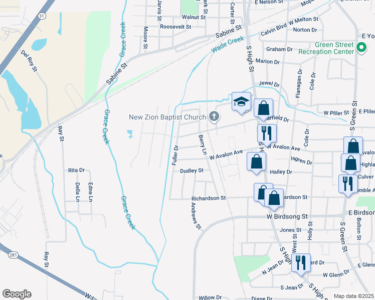 map of restaurants, bars, coffee shops, grocery stores, and more near 810 Martin Street in Longview