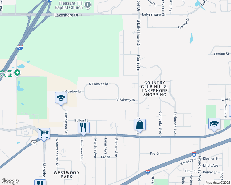 map of restaurants, bars, coffee shops, grocery stores, and more near 3422 Warren Avenue in Shreveport
