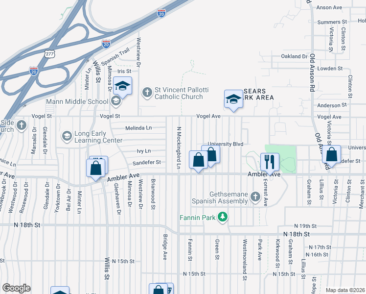 map of restaurants, bars, coffee shops, grocery stores, and more near 2325 North Mockingbird Lane in Abilene