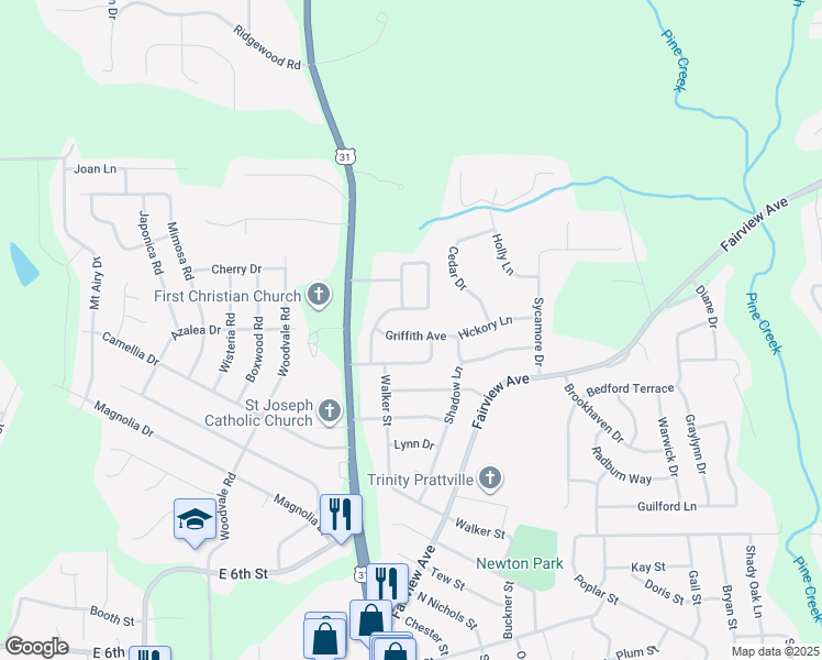 map of restaurants, bars, coffee shops, grocery stores, and more near 109 Griffith Avenue in Prattville