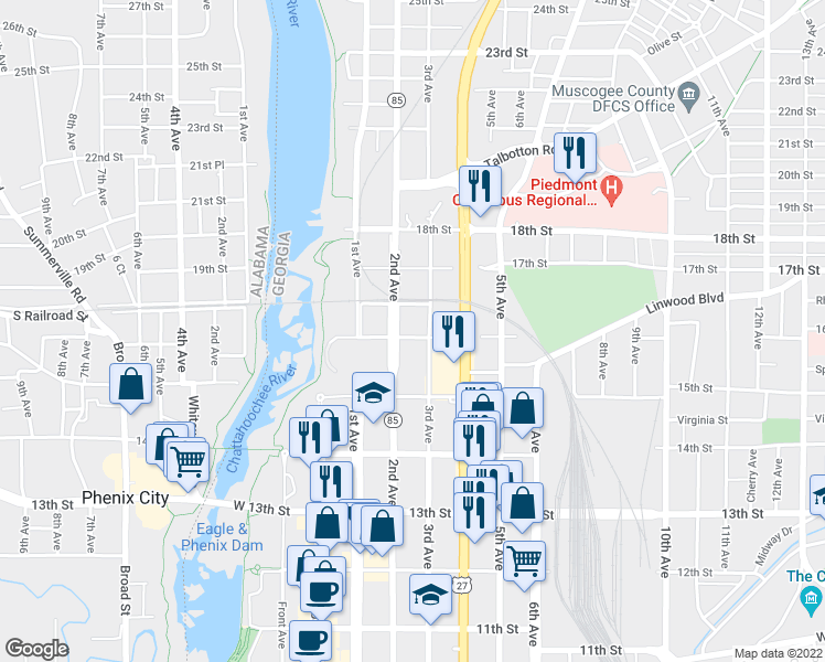 map of restaurants, bars, coffee shops, grocery stores, and more near 213 16th Street in Columbus