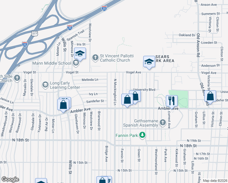 map of restaurants, bars, coffee shops, grocery stores, and more near 2325 North Mockingbird Lane in Abilene