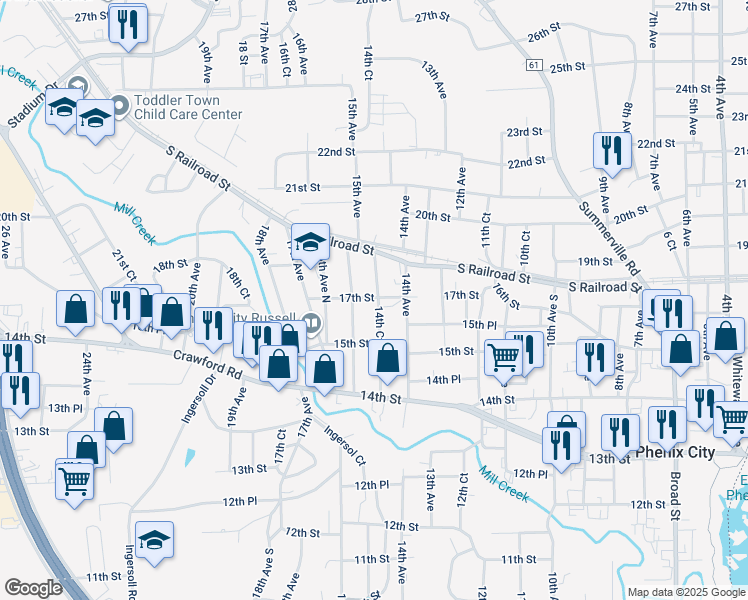 map of restaurants, bars, coffee shops, grocery stores, and more near 1611 14th Court in Phenix City