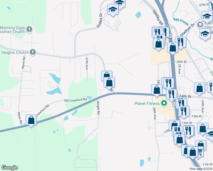 map of restaurants, bars, coffee shops, grocery stores, and more near 1705 Auburn Road in Phenix City