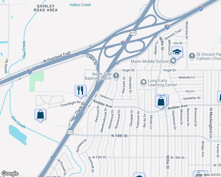 map of restaurants, bars, coffee shops, grocery stores, and more near 2357 Meadowbrook Drive in Abilene