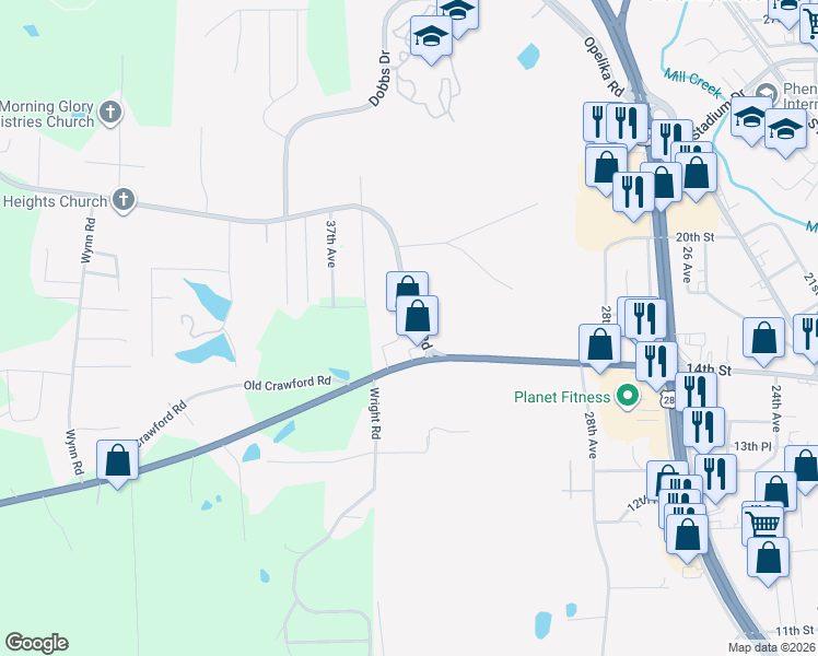 map of restaurants, bars, coffee shops, grocery stores, and more near 1705 Auburn Road in Phenix City