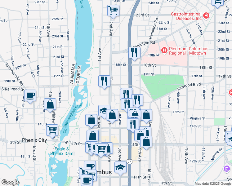 map of restaurants, bars, coffee shops, grocery stores, and more near 213 16th Street in Columbus