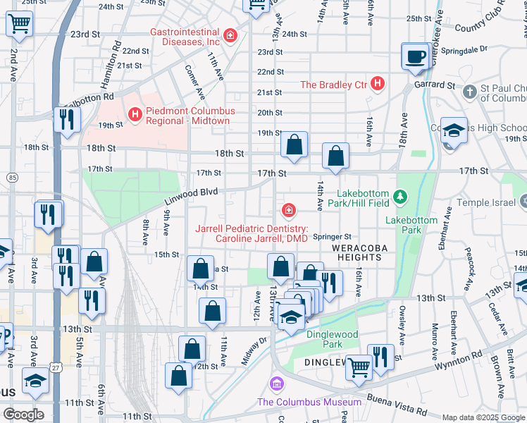 map of restaurants, bars, coffee shops, grocery stores, and more near 1604 Dudley Avenue in Columbus