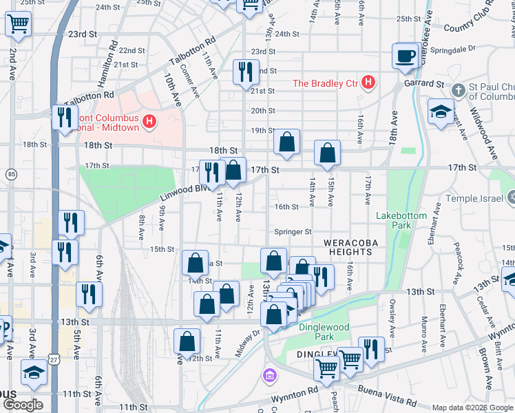 map of restaurants, bars, coffee shops, grocery stores, and more near 1604 Dudley Avenue in Columbus