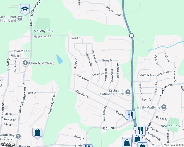 map of restaurants, bars, coffee shops, grocery stores, and more near 404 Azalea Drive in Prattville