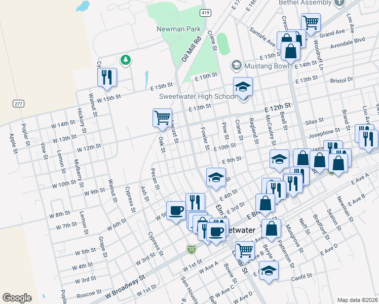 map of restaurants, bars, coffee shops, grocery stores, and more near 1001 Elm Street in Sweetwater